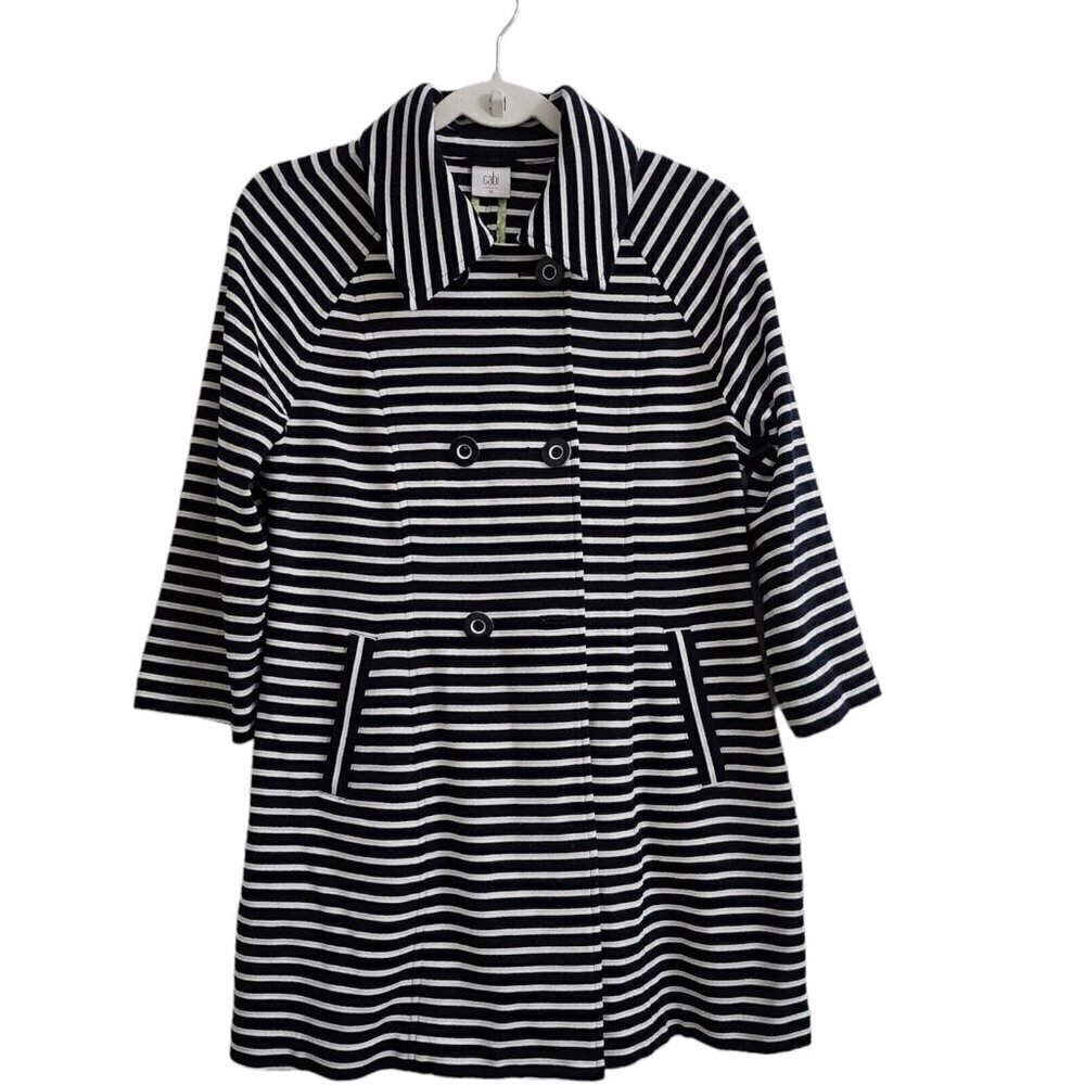 CAbi Maritime Trench‎ Coat Jacket Medium Striped Navy & White Stretch 5151